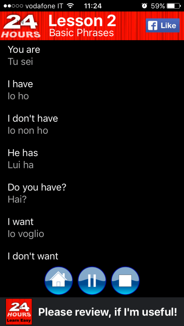 In 24 Hours Learn Italian App Screenshot