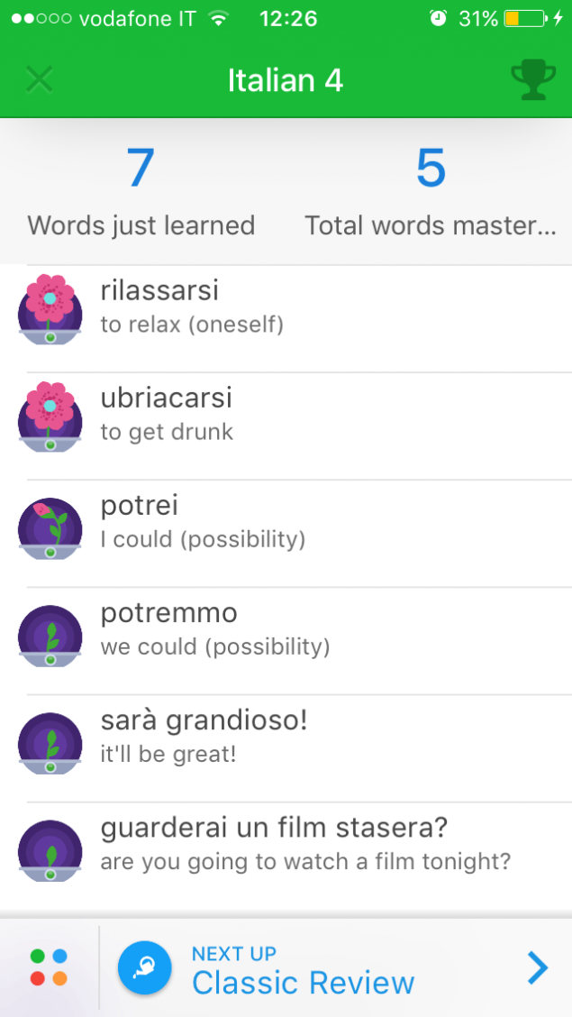 Schermo dell'app Memrise